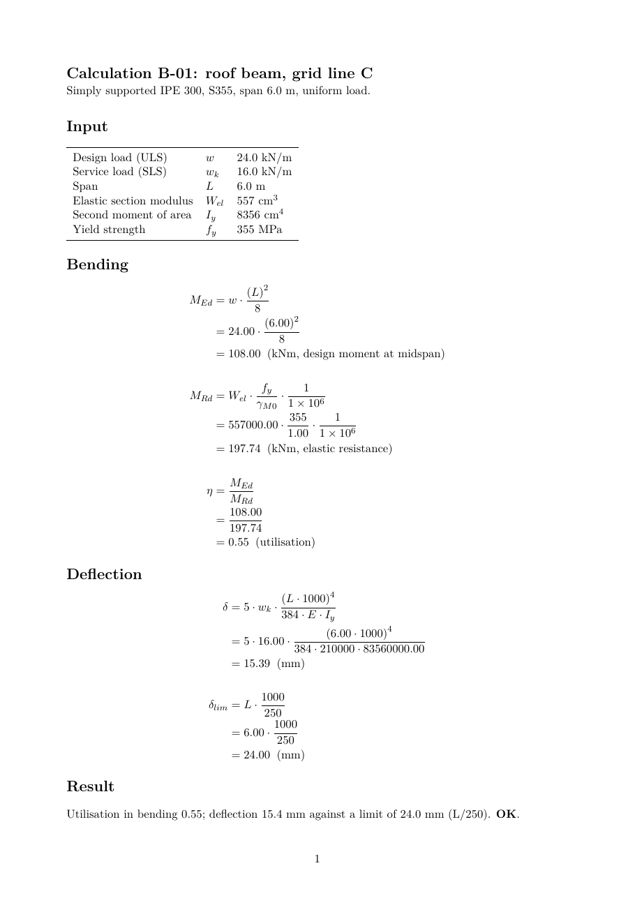 A one-page calculation report: an input table, then bending and deflection checks where each formula is followed by the substituted numbers and the result, ending with utilisation 0.55 and deflection 15.4 mm against 24.0 mm