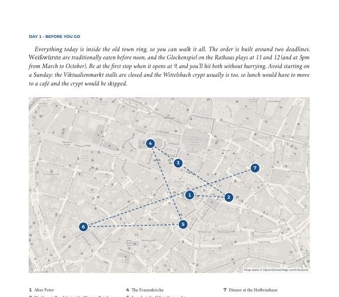 The day one map: a muted city map of central Munich with seven numbered stops joined by a dashed route, and a legend underneath