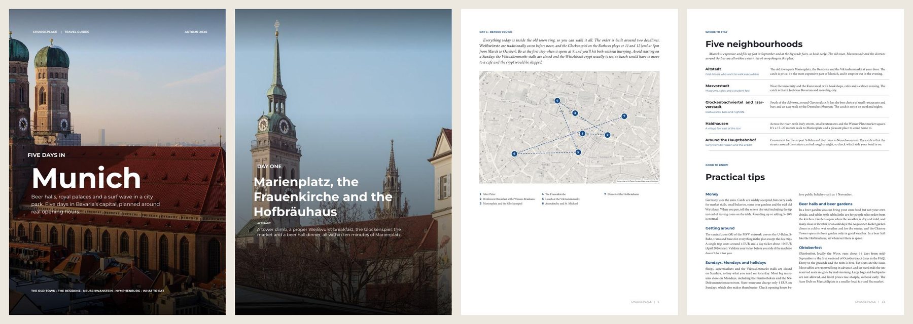 Four pages of the Munich travel magazine: the cover, a day opener, a day map and a page of stops