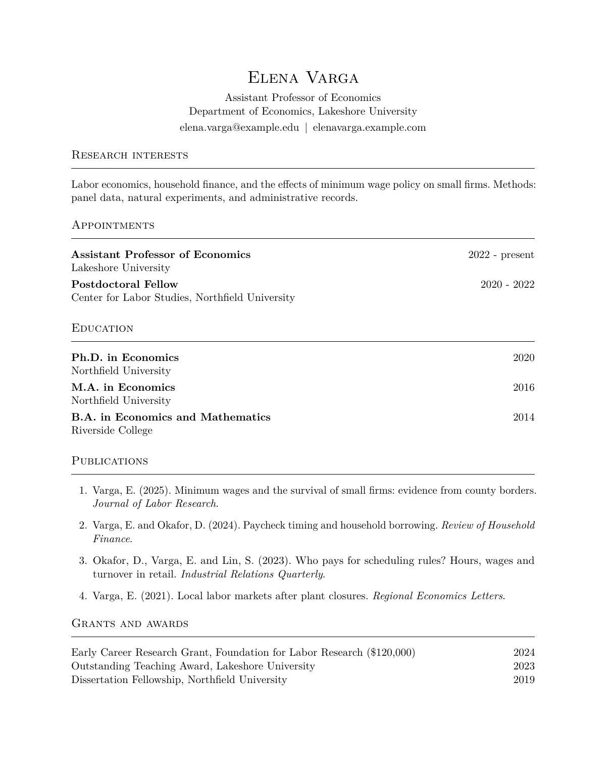 Academic CV template, filled with sample data