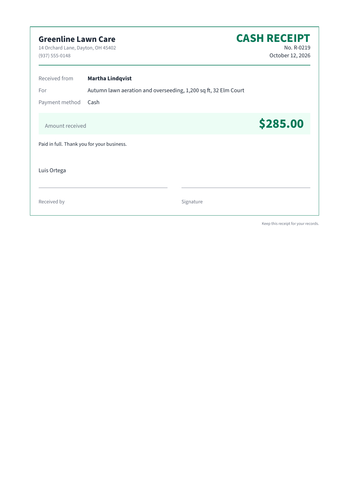 Framed cash receipt design, filled with sample data