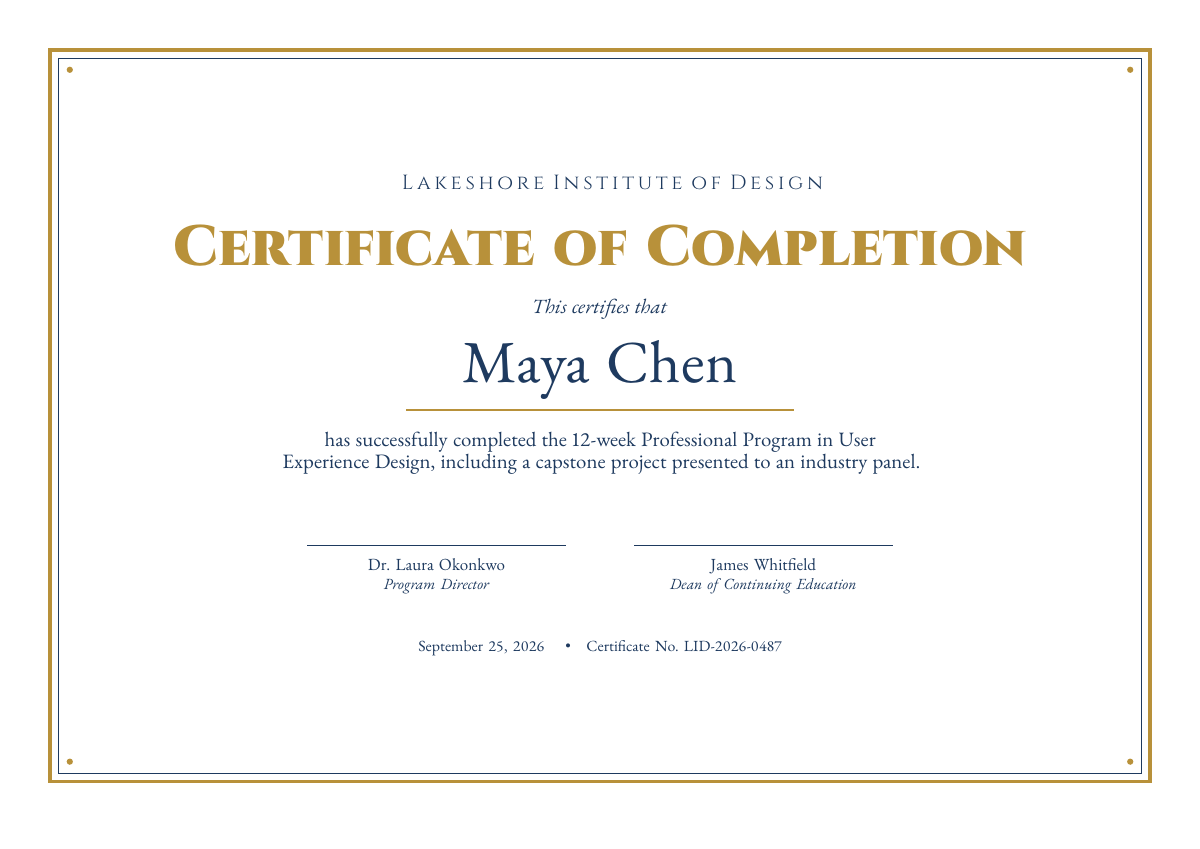 Certificate template, filled with sample data