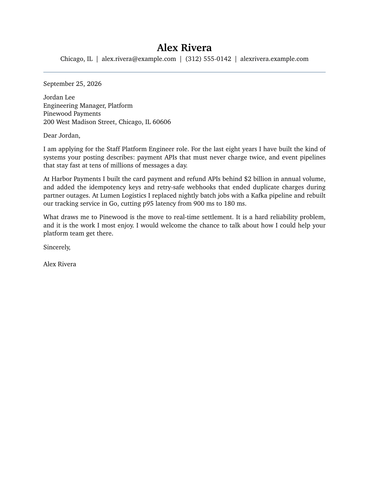 Cover letter template, filled with sample data