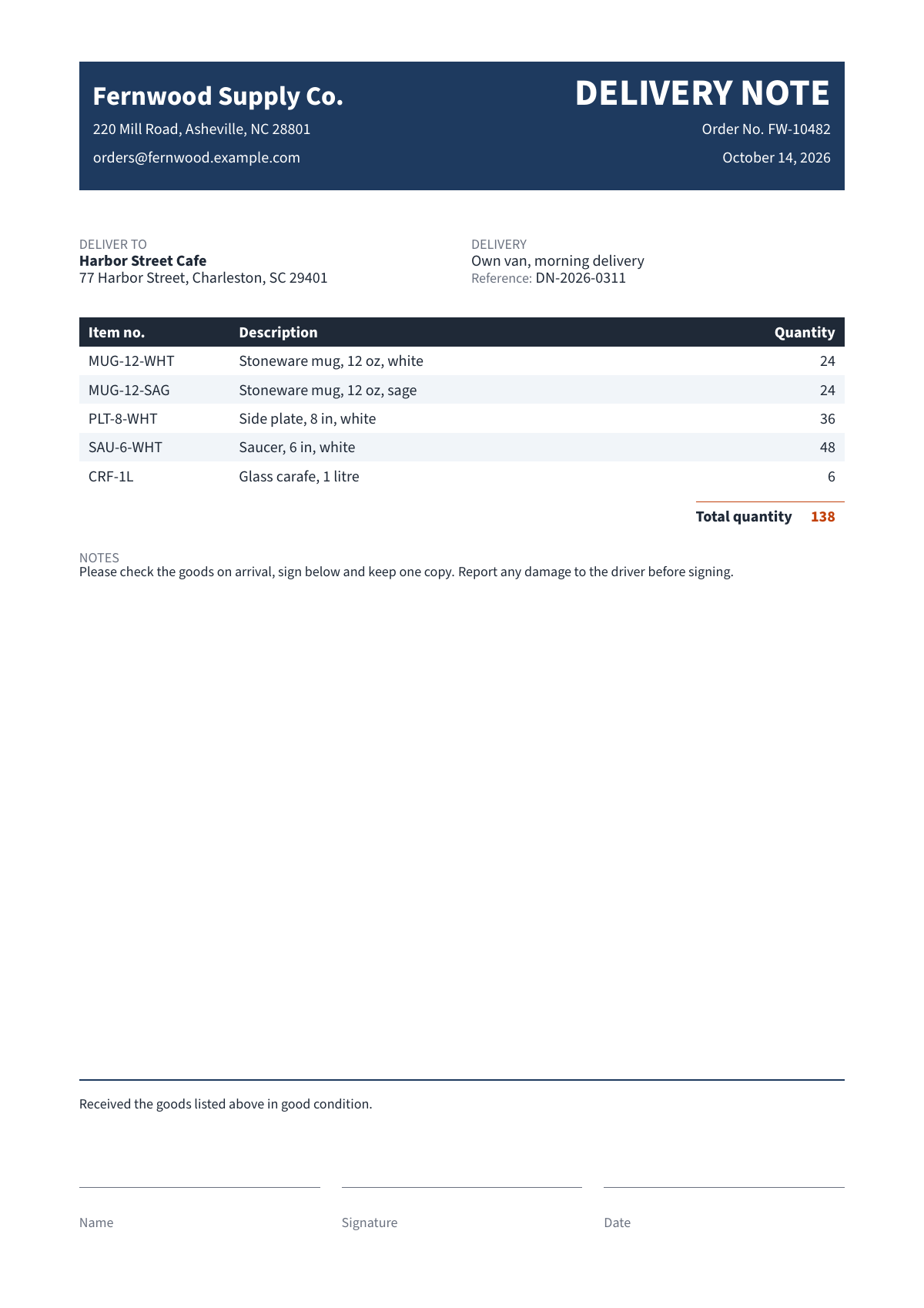 Delivery note template preview