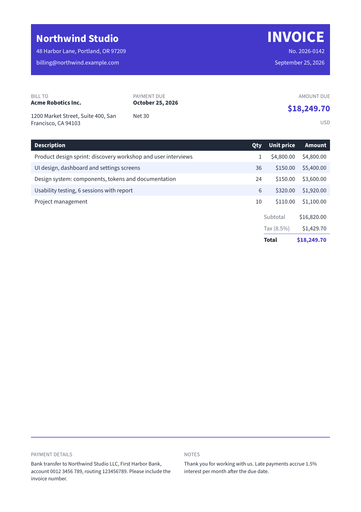 Invoice template, filled with sample data