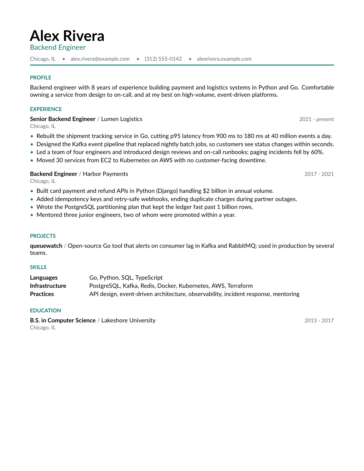 Modern resume template, filled with sample data