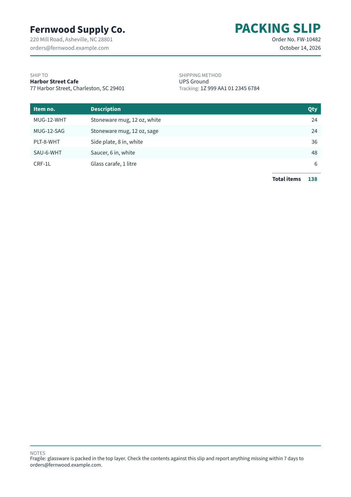 Standard packing slip design, filled with sample data